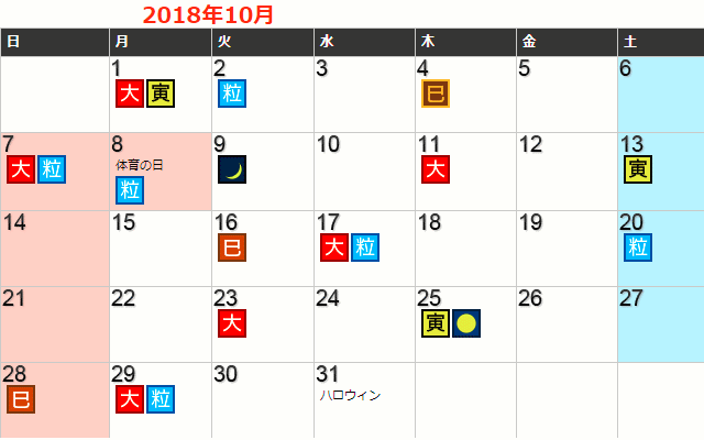 2018年10月の開運日一覧カレンダー